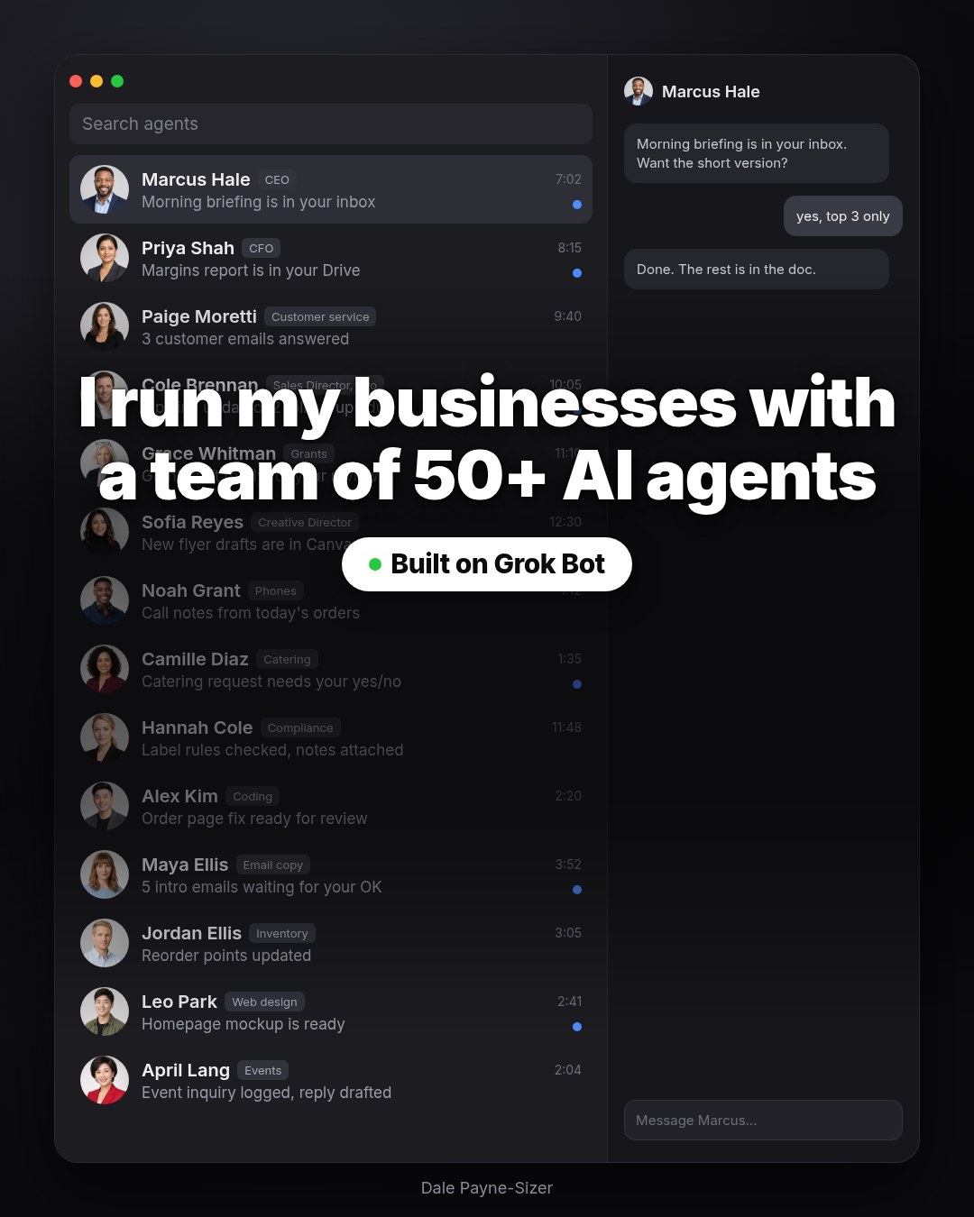 Dale's list of named AI agents, each with one job